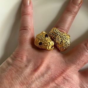 Noir Gold Tone/Rhinestone Double Headed Jaguar/Panther Ring sz 8